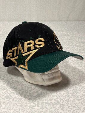 Vtg Starter Snapback Hat Cap Dallas Stars NHL Green Black All Over Print Hockey